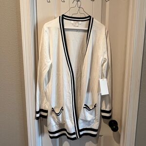 NWT Cocobleu White ivory Cardigan with Black Trim women’s sz large